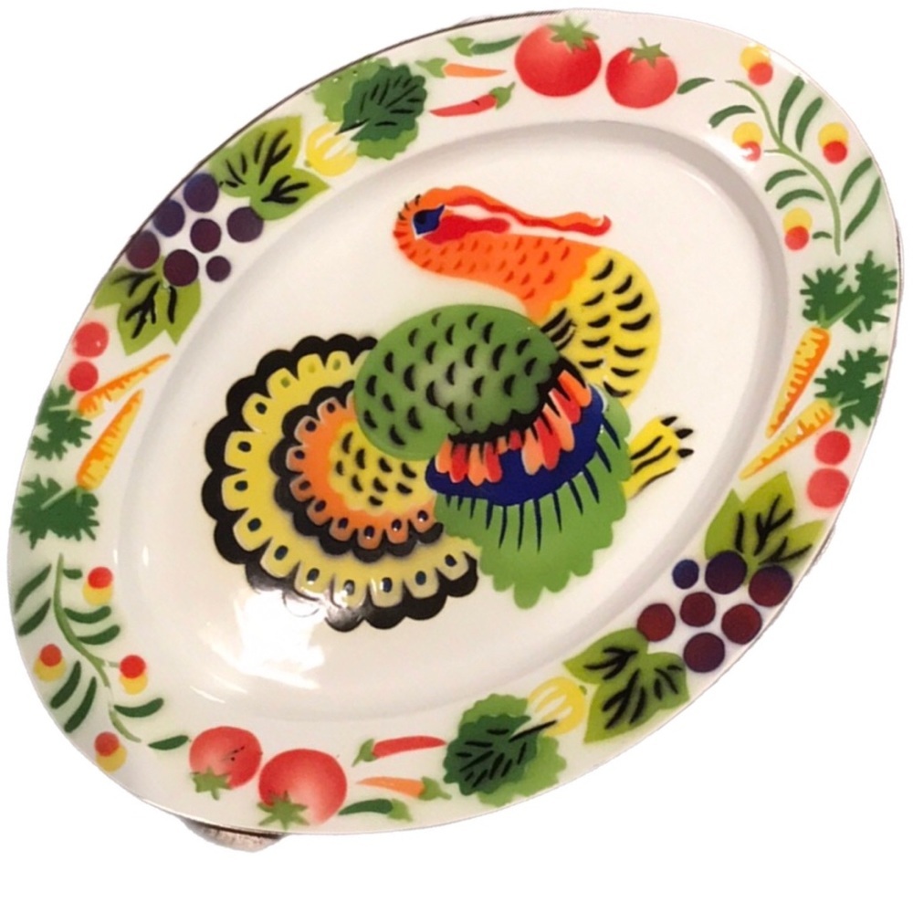 Multicolor Turkey Enamelware Oval Platter Bright  Colors Raised Texture